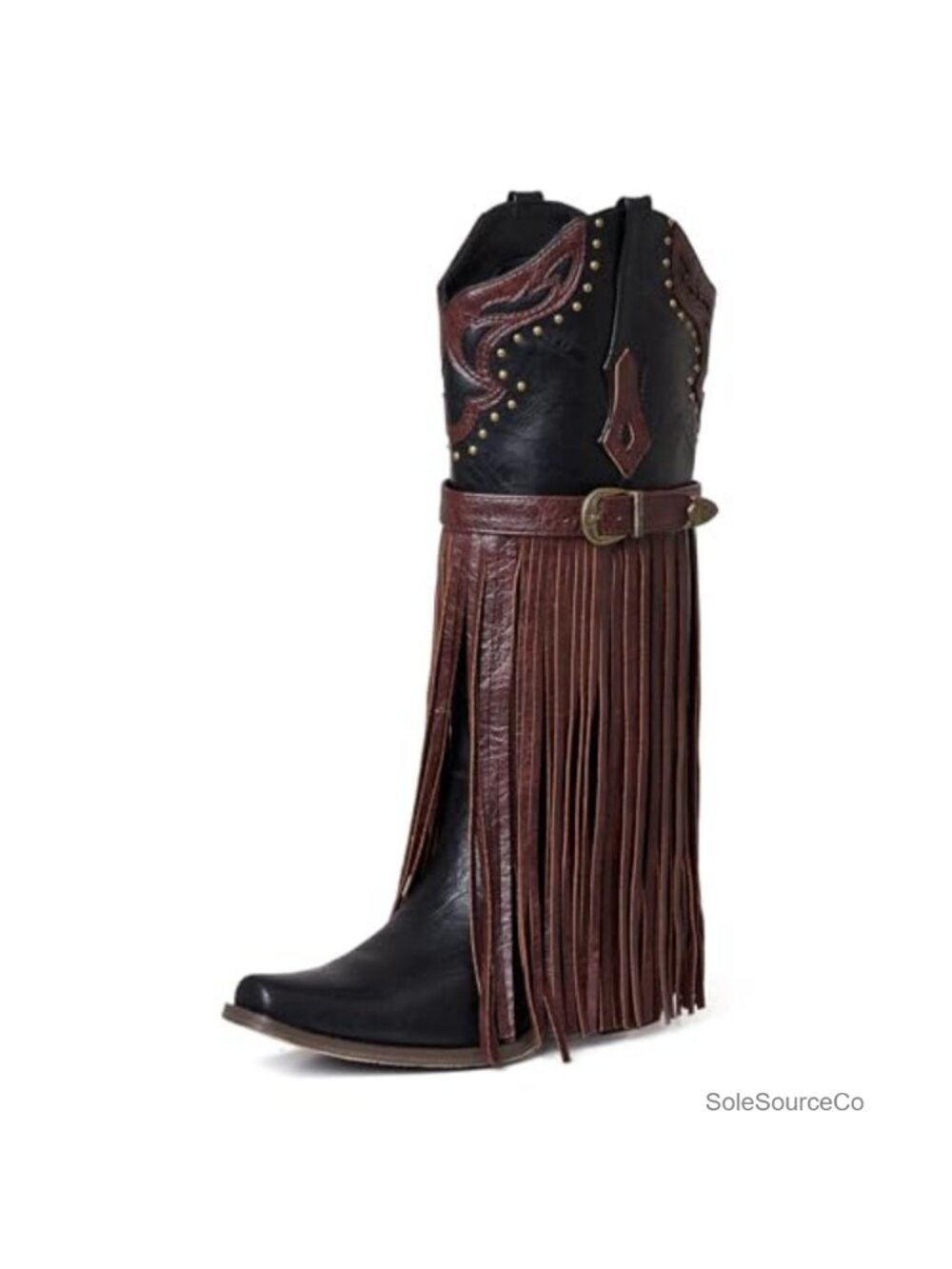 Western Bootie Pointed Toe Chunky Heel Embroidered Fringe Pull-On